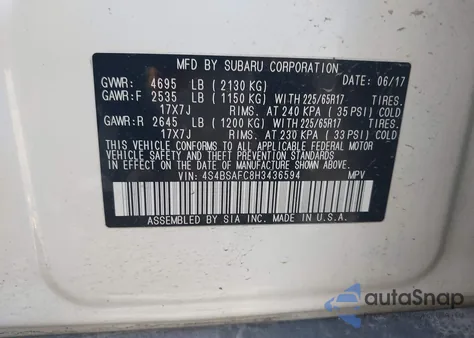 2017 Subaru Outback 2.5I Premium из США, поврежденный, VIN 4S4BSAFC8H3436594